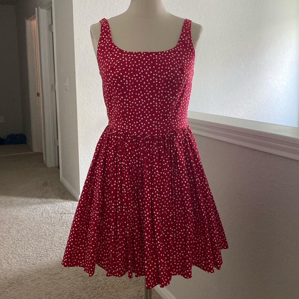 Beautiful red polkadot dress handmade size small 4 to 6 100% cotton